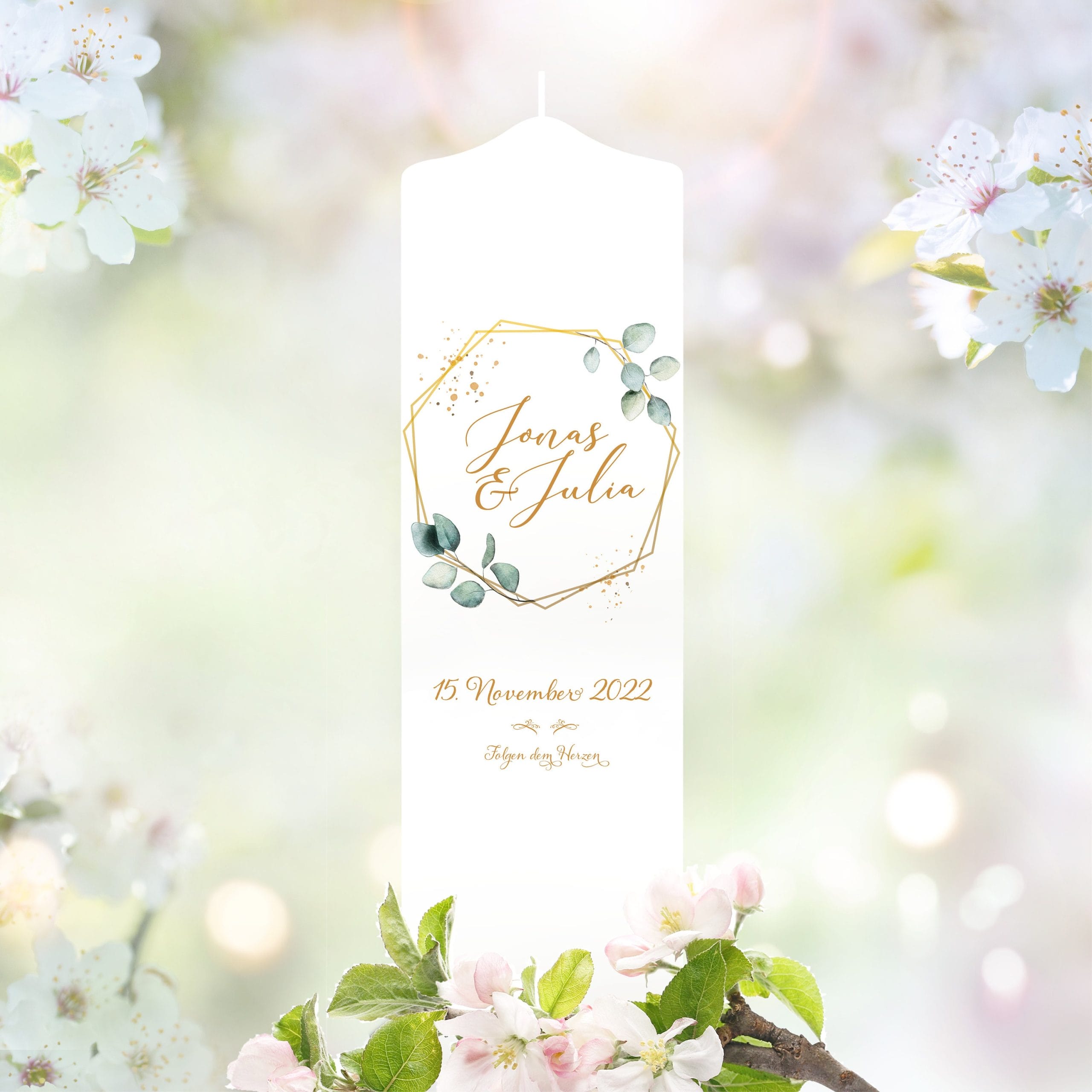 Weiße Hochzeitskerze Geburtstagskerze Rahmen Eukalyptusblätter personalisiertes Hochzeitsgeschenk anpassbar Kerze Wedding – Bild 4