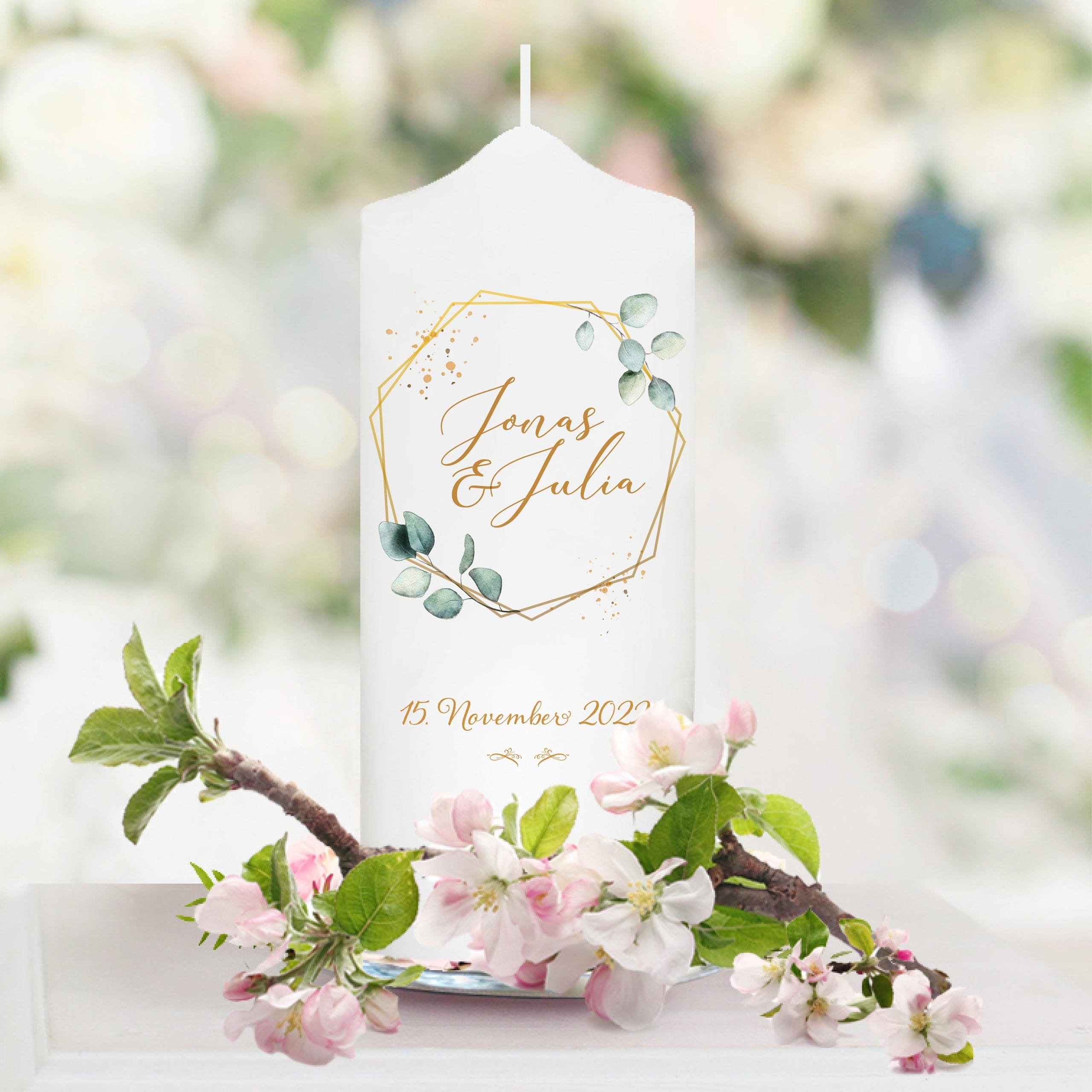Weiße Hochzeitskerze Geburtstagskerze Rahmen Eukalyptusblätter personalisiertes Hochzeitsgeschenk anpassbar Kerze Wedding – Bild 2